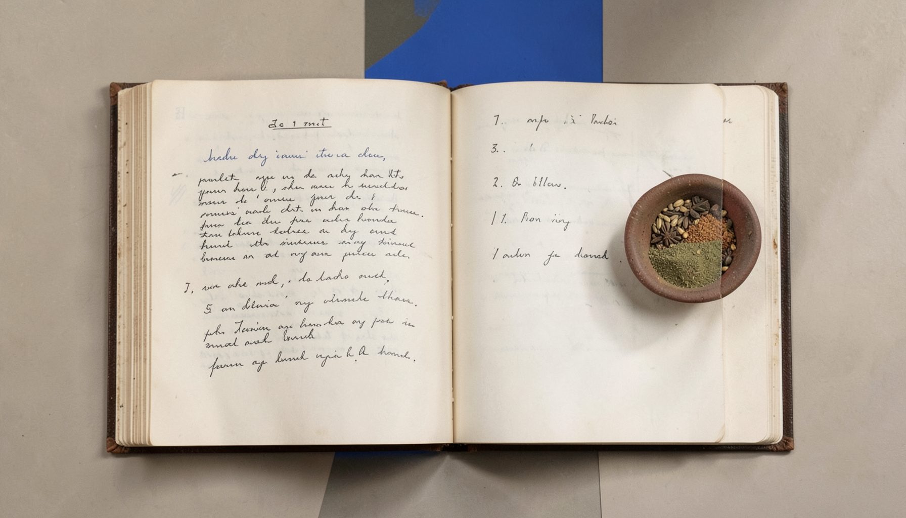Open aged book with handwritten notes beside a small clay bowl of spices, soft window light, muted cream and sepia tones