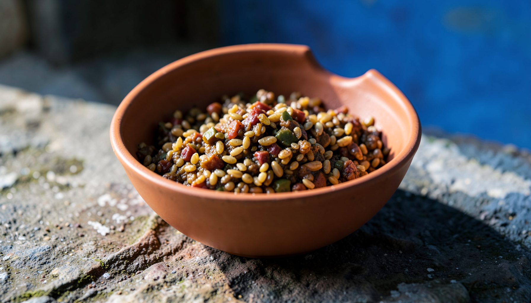 Warm terracotta bowl filled with a rustic ancient-grain stew on a weathered stone surface, soft natural light from the side, earthy browns and ochres