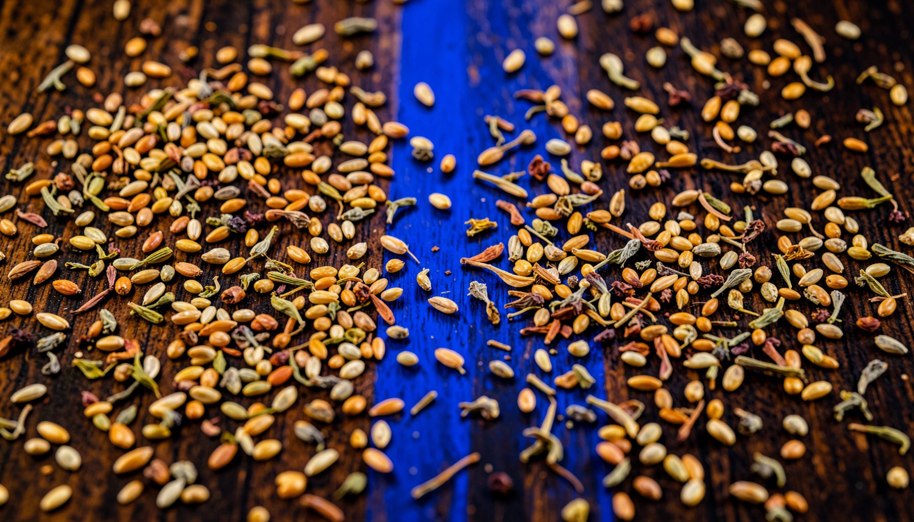 Close-up of ancient grains and dried herbs scattered across a dark wooden surface, warm amber and brown tones