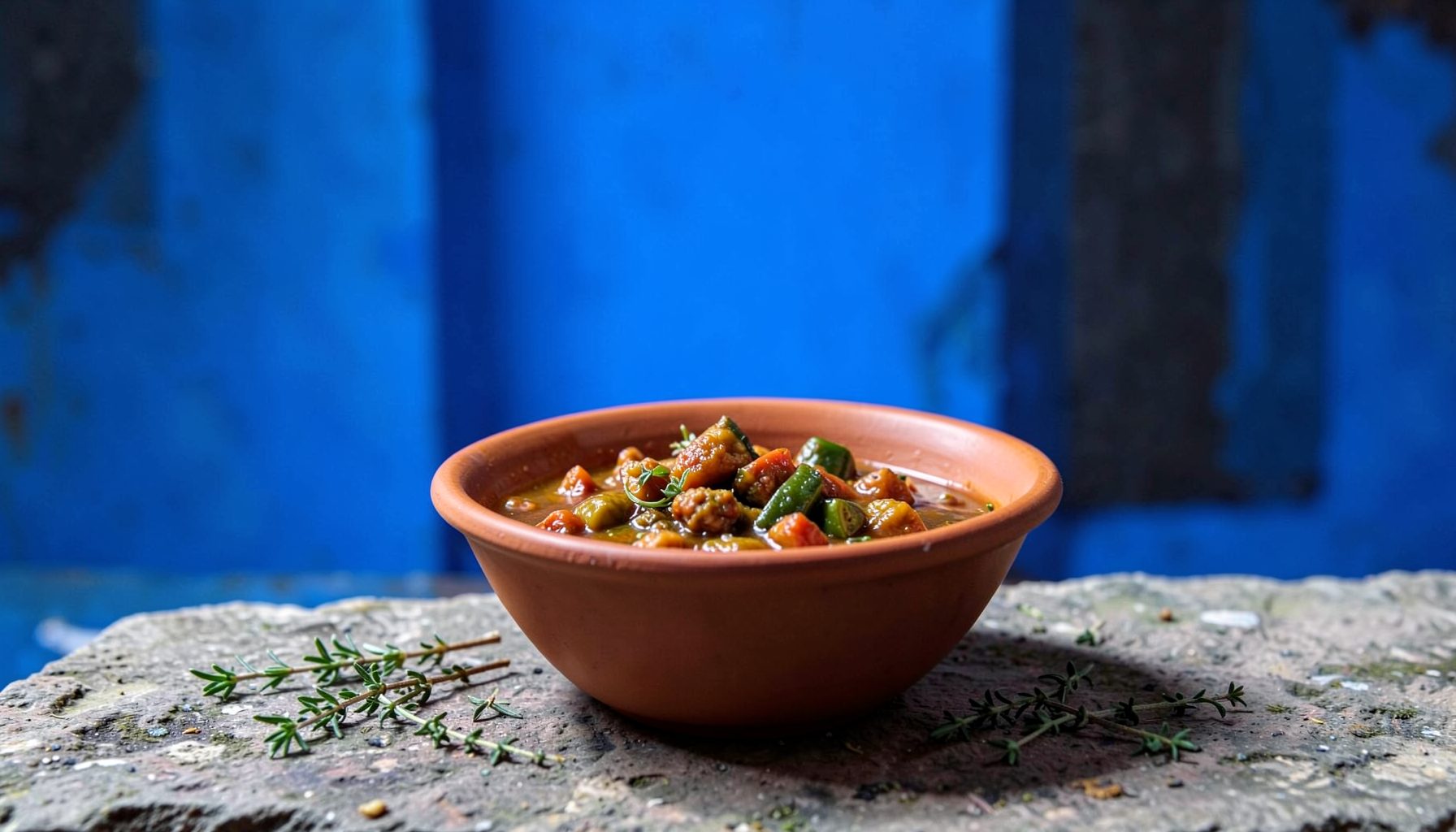 Warm terracotta bowl filled with a rustic stew, set on a rough stone surface with scattered herbs, evoking an ancient kitchen