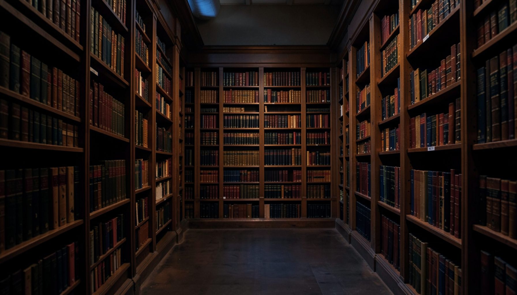 A dimly lit library interior with tall wooden shelves filled with leather-bound volumes, warm amber and deep brown tones, quiet scholarly atmosphere