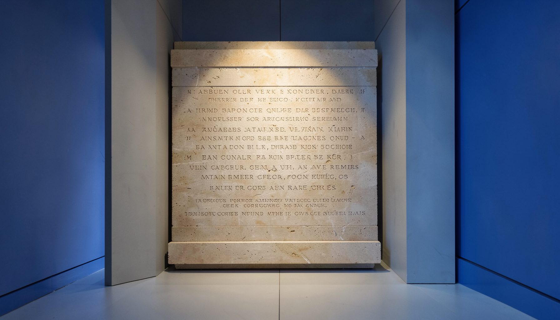 A clean architectural photograph of a stone tablet with carved text, warm beige and gray tones, strong symmetry and museum lighting