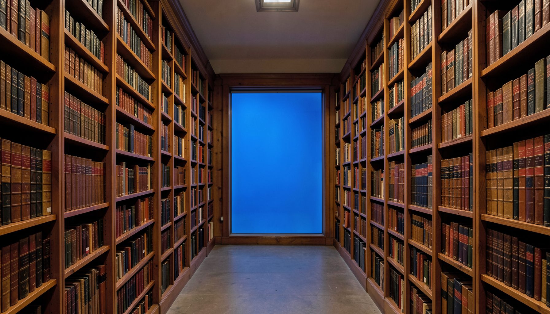 A quiet library interior with tall wooden bookshelves filled with leather-bound volumes, warm amber and brown tones, scholarly atmosphere