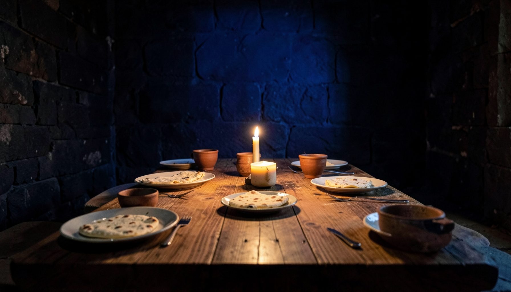 A long wooden table set with simple ceramic plates, flatbread, and clay cups, lit by warm candlelight against a dark stone interior, evoking an ancient meal