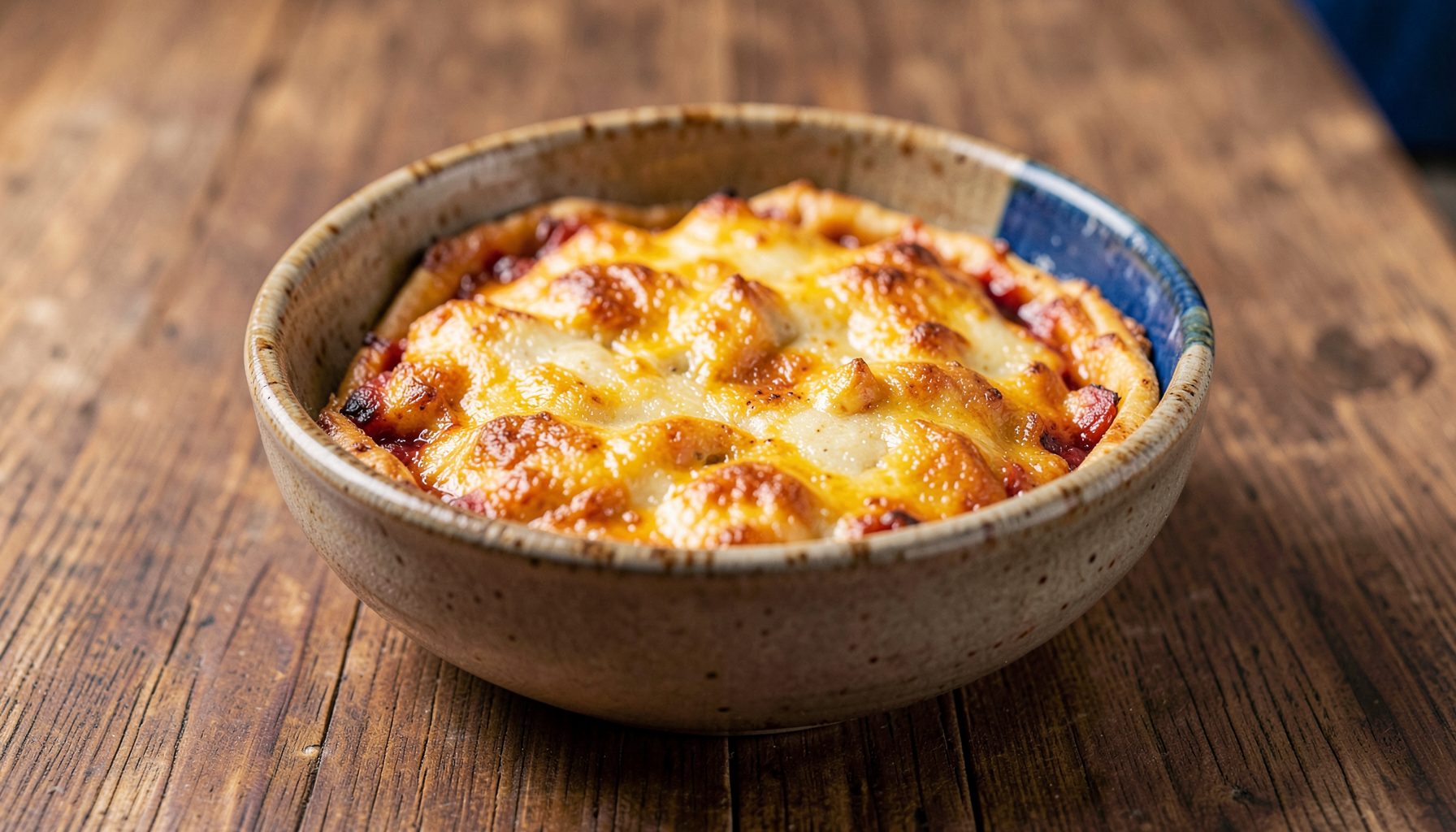 Close-up of a baked dish in a rustic ceramic bowl on a wooden table, warm earthy tones