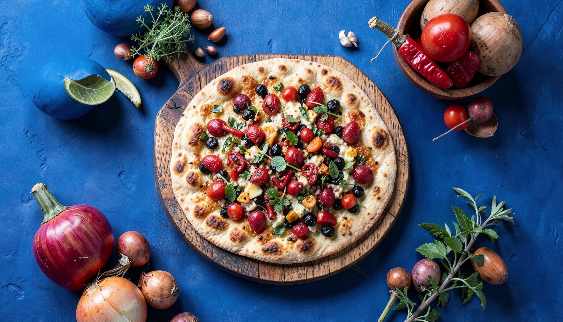 Overhead view of a rustic flatbread with toppings on a wooden board, surrounded by Mediterranean ingredients in warm natural light