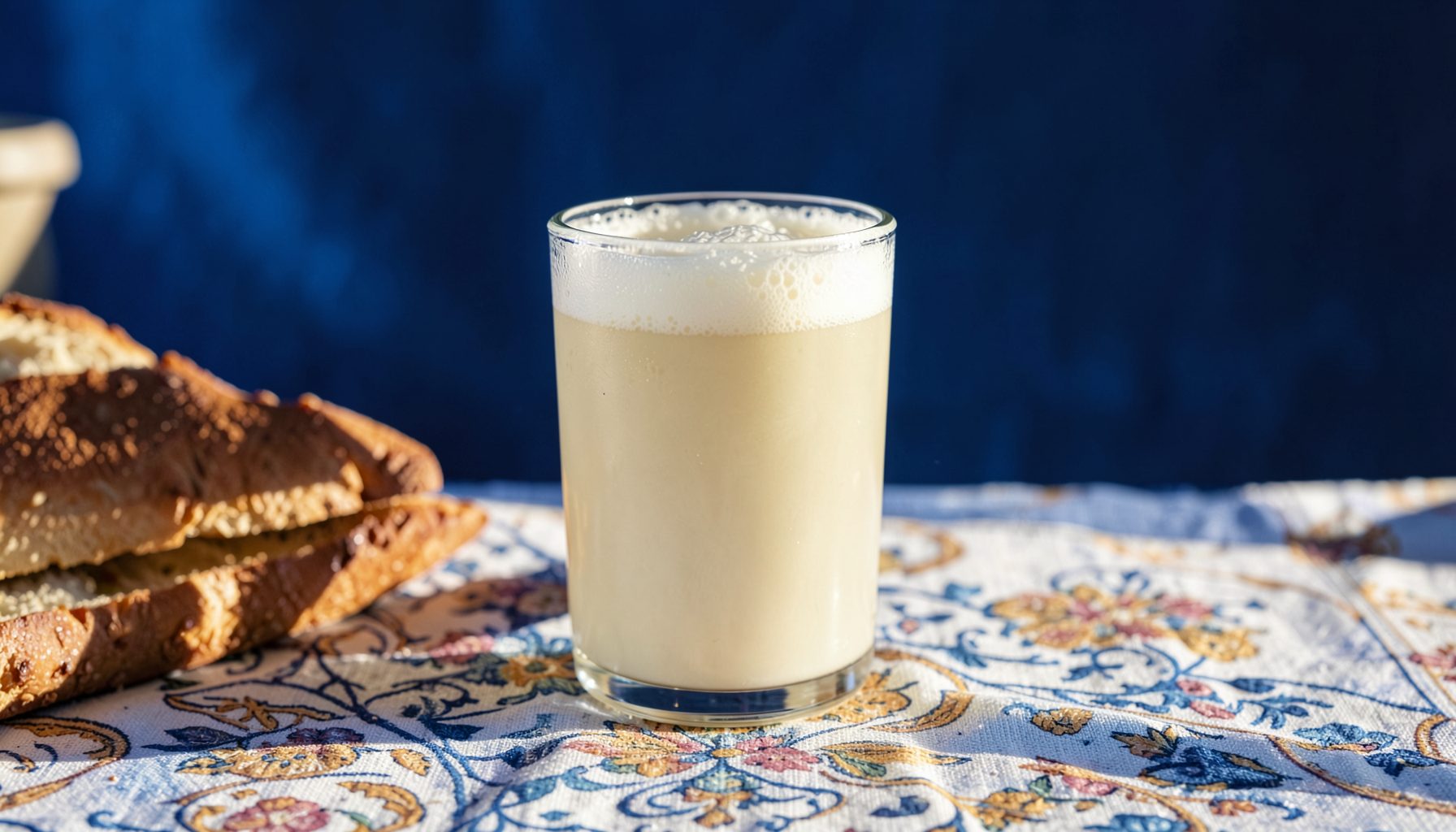 Glass of frothy pale beverage on a patterned tablecloth beside bread, warm afternoon light
