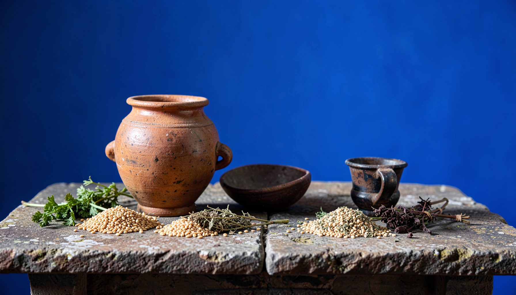 Warm-toned still life of rustic ancient pottery, grains, and herbs on a weathered stone table, evoking the culinary traditions of antiquity