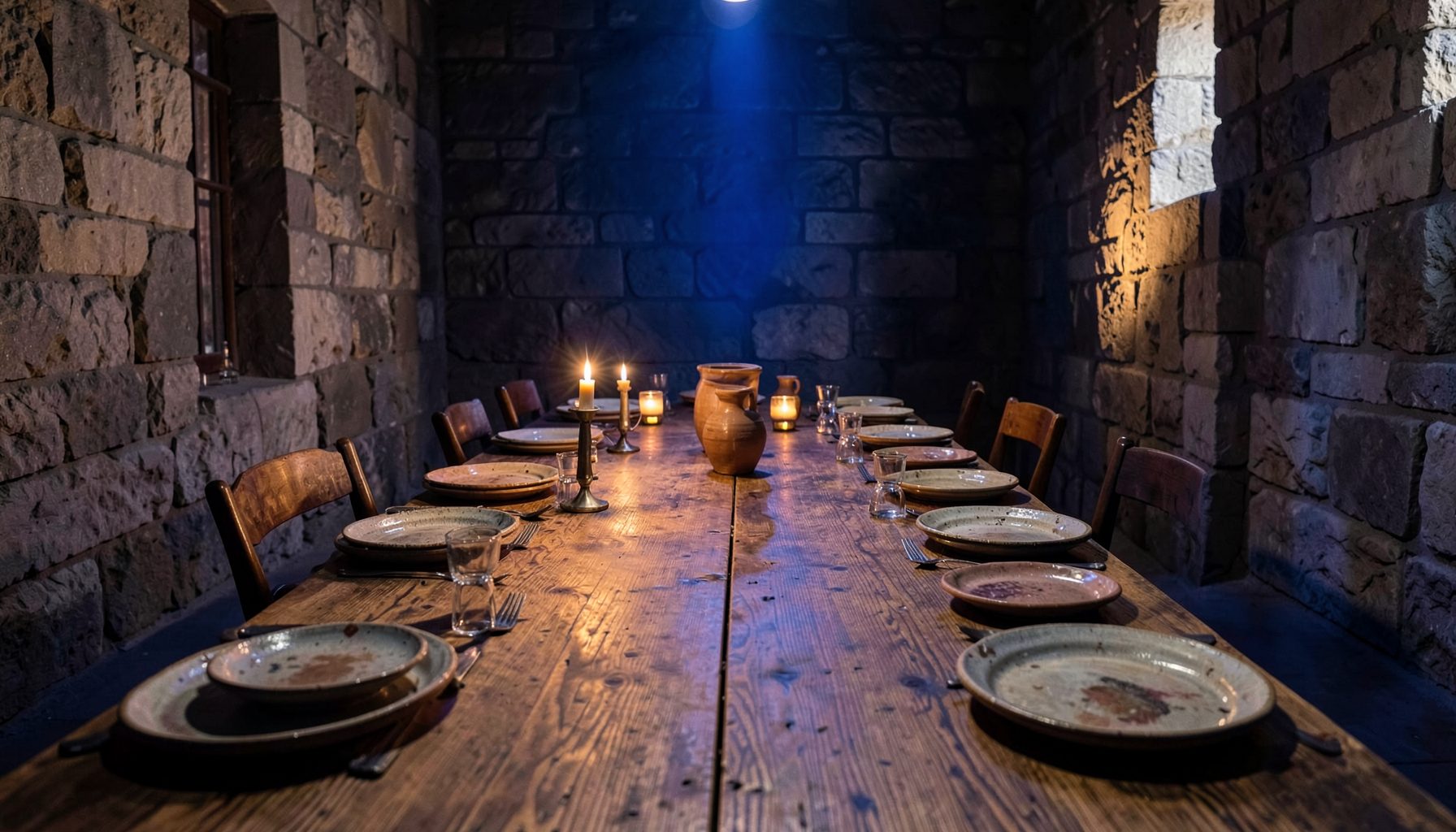 A long refectory-style wooden table set with rustic ceramic plates and earthenware, warm candlelight against stone walls, evoking an ancient communal meal